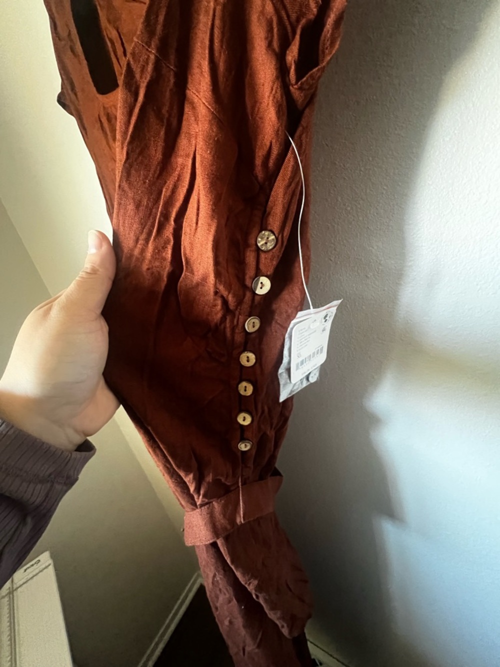 Free People NWT Rust Linen Blend Midi Dress Belted Button Detail Size XL - Picture 5 of 6